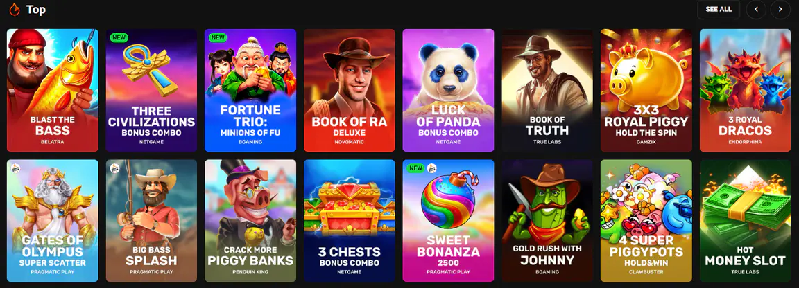 HadesBet casino game lobby featuring popular slots from providers including NetGame, Pragmatic Play, Novomatic and BGaming